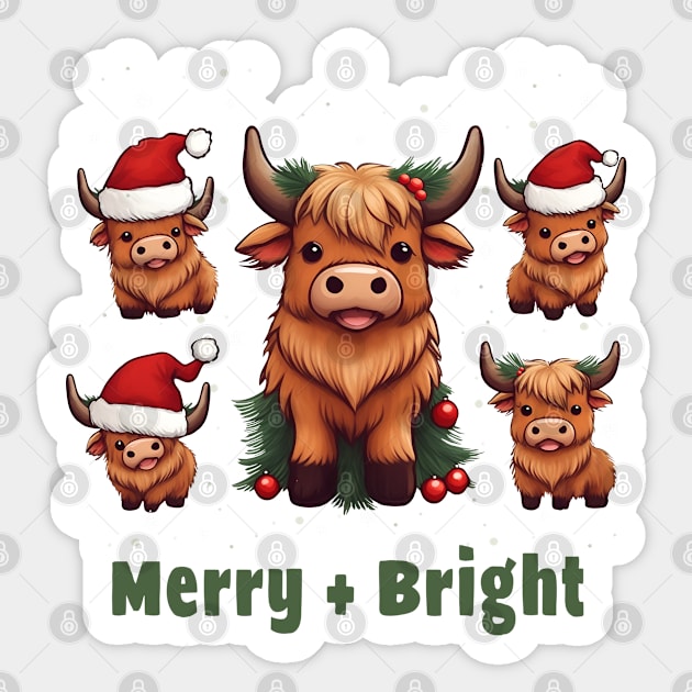 Cute Highland Cow Christmas Merry and Bright, Scottish, Cow Xmas Farmer, Christmas sweater with cute Highland Cow Sticker by Collagedream